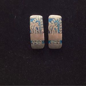 🦌 Vintage Sterling Silver Alpaca Crushed Turquoise Inlaid Stamped